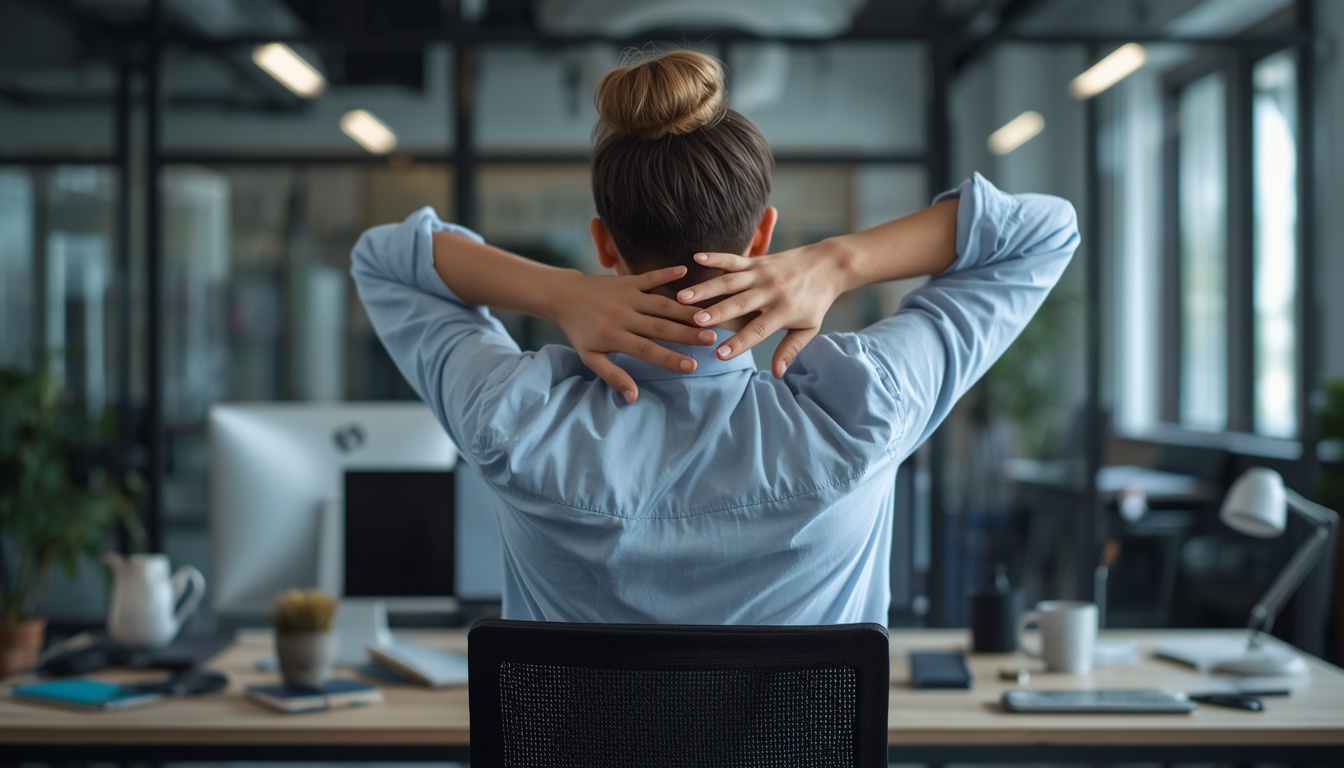 Person performing a gentle desk shoulder stretch in a modern office